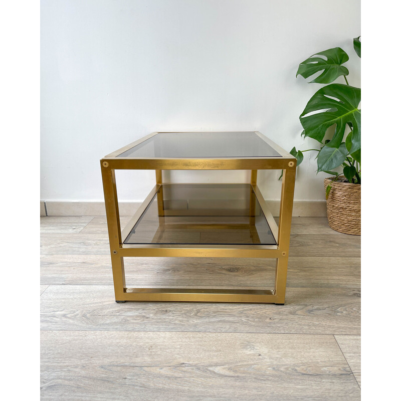 Vintage Coffee table in gilded metal and smoked glass, 1970s 