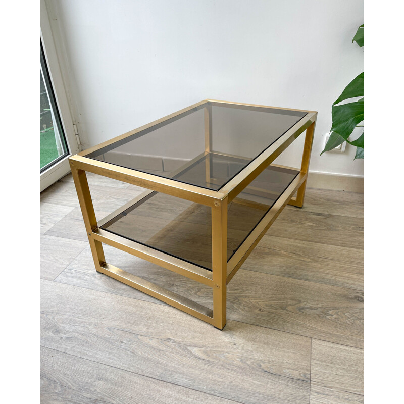 Vintage Coffee table in gilded metal and smoked glass, 1970s 