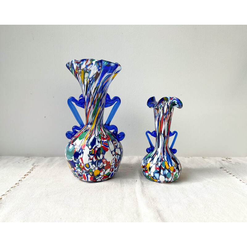 Pair of vintage blue glass vases from Murano Fratelli Toso, Italy 1930s