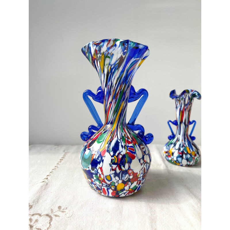 Pair of vintage blue glass vases from Murano Fratelli Toso, Italy 1930s