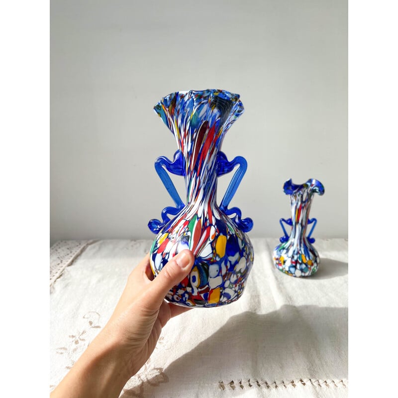 Pair of vintage blue glass vases from Murano Fratelli Toso, Italy 1930s