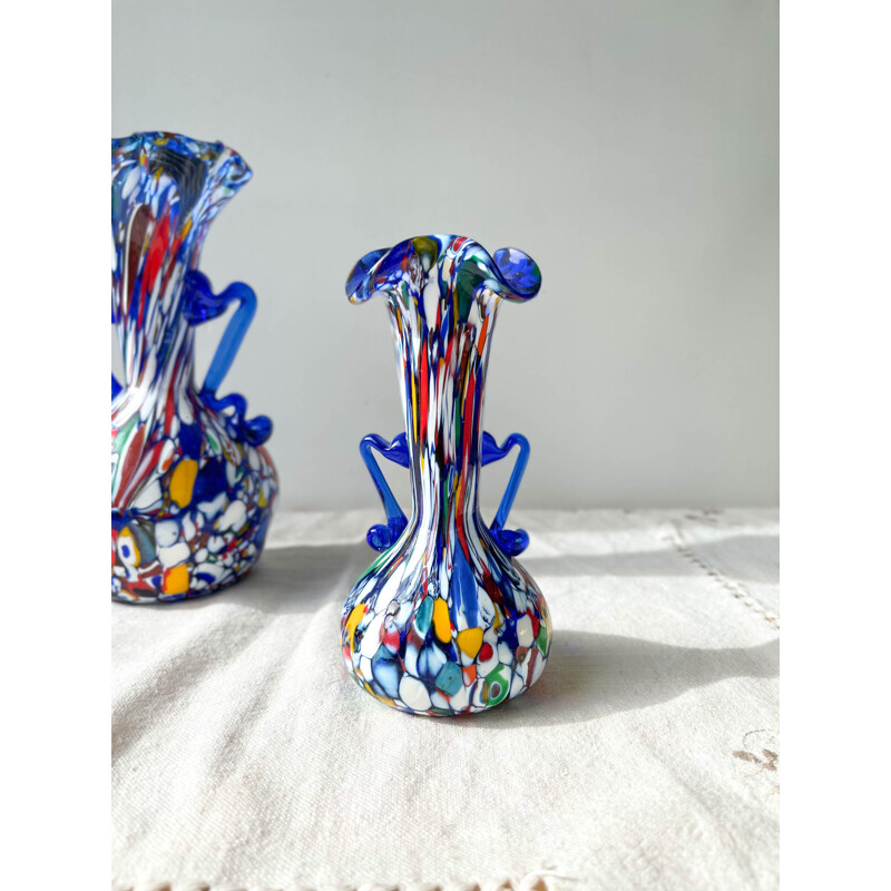 Pair of vintage blue glass vases from Murano Fratelli Toso, Italy 1930s