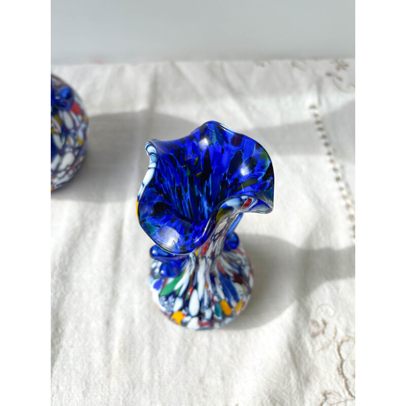 Paire de vases vintage en verre bleu de Murano Fratelli Toso, Italie 1930