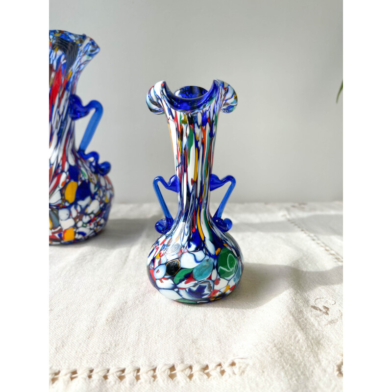 Pair of vintage blue glass vases from Murano Fratelli Toso, Italy 1930s