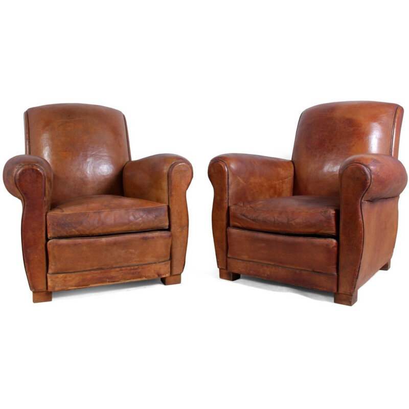 Pair of French armchairs in brown leather - 1940s
