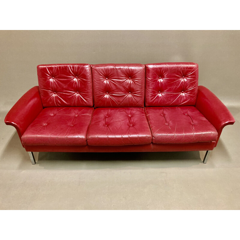 Vintage 3 seater red leather sofa, 1950s