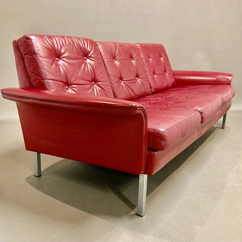 Vintage 3 seater red leather sofa, 1950s