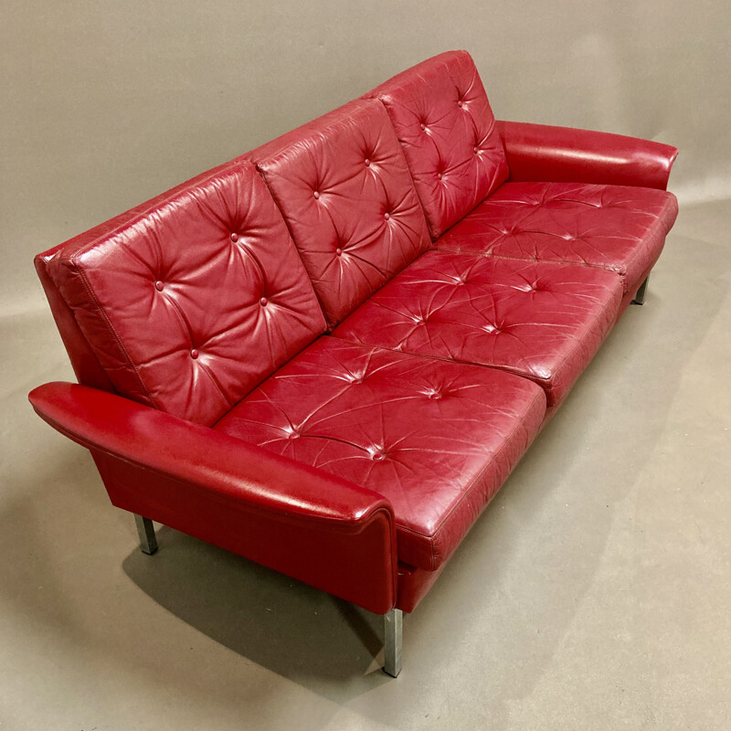Vintage 3 seater red leather sofa, 1950s