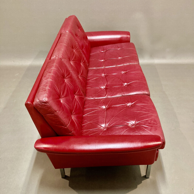 Vintage 3 seater red leather sofa, 1950s