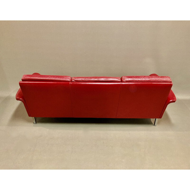 Vintage 3 seater red leather sofa, 1950s