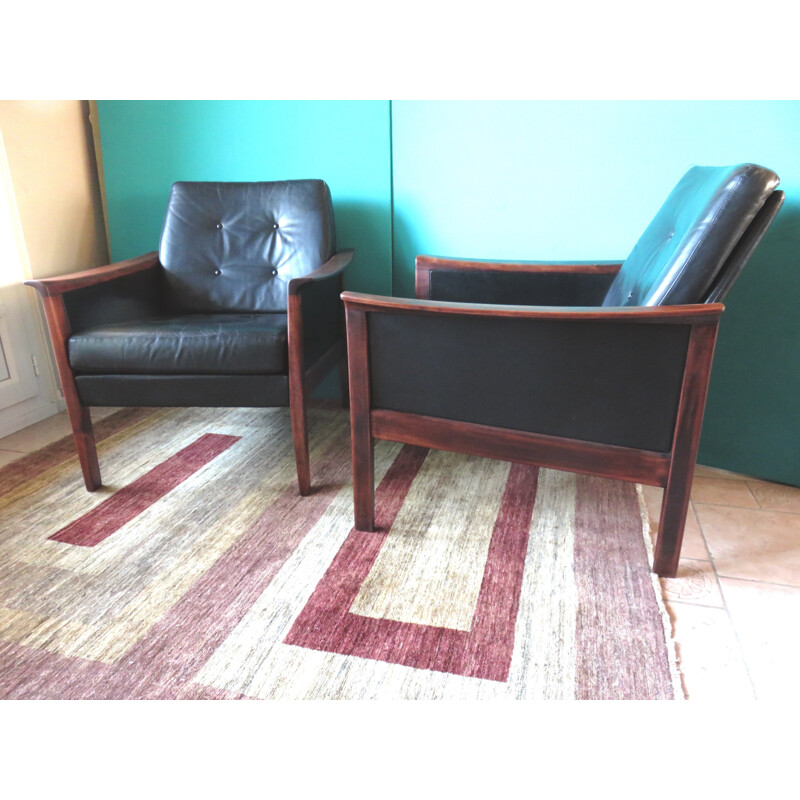 Pair of Danish armchairs in black leather and beech - 1960s