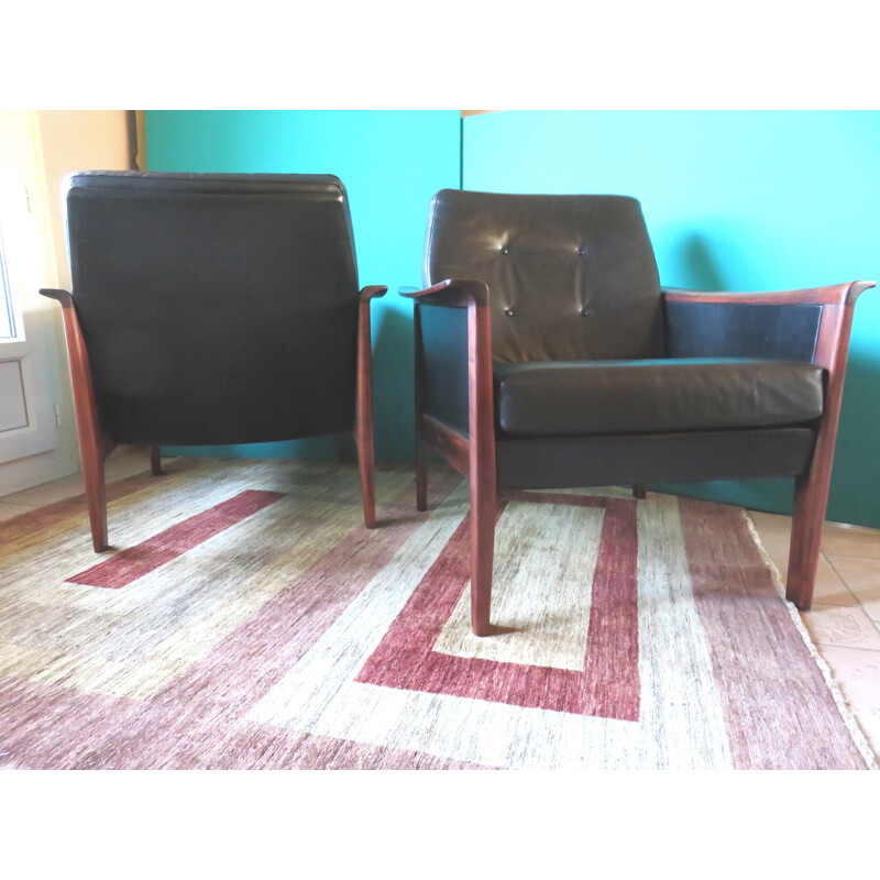 Pair of Danish armchairs in black leather and beech - 1960s