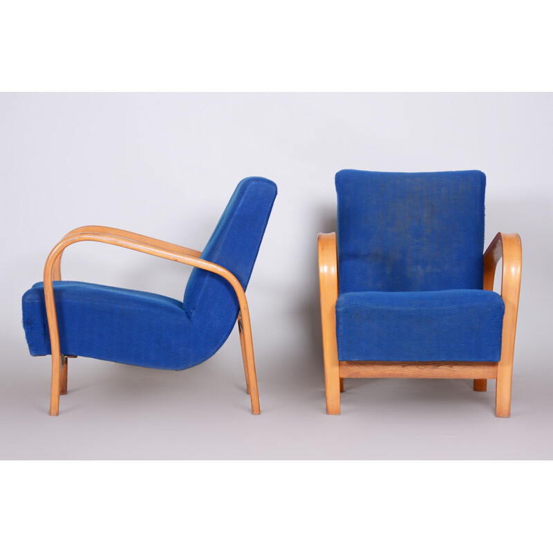 Set of 2 vintage "Art Deco" blue armchairs, Czechia 1930s