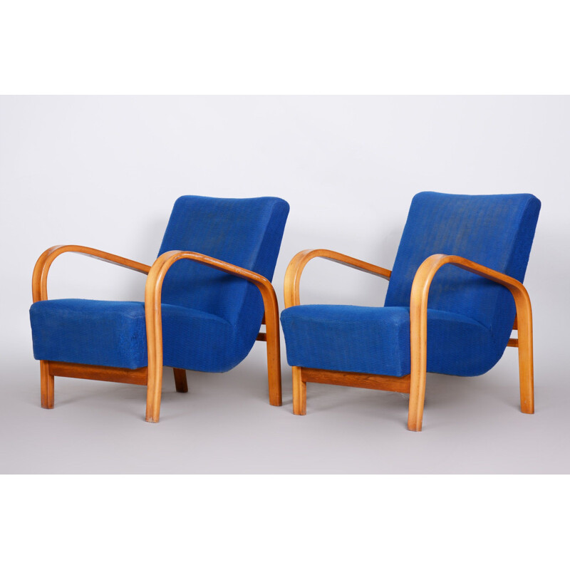 Paire de fauteuils vintage Art Déco bleus, Tchécoslovaquie 1930