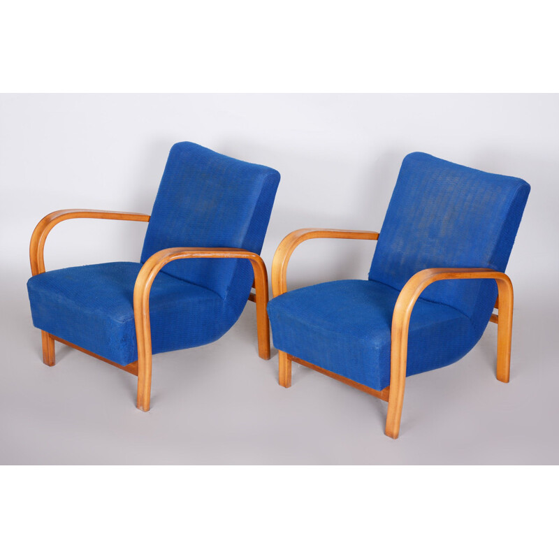 Paire de fauteuils vintage Art Déco bleus, Tchécoslovaquie 1930