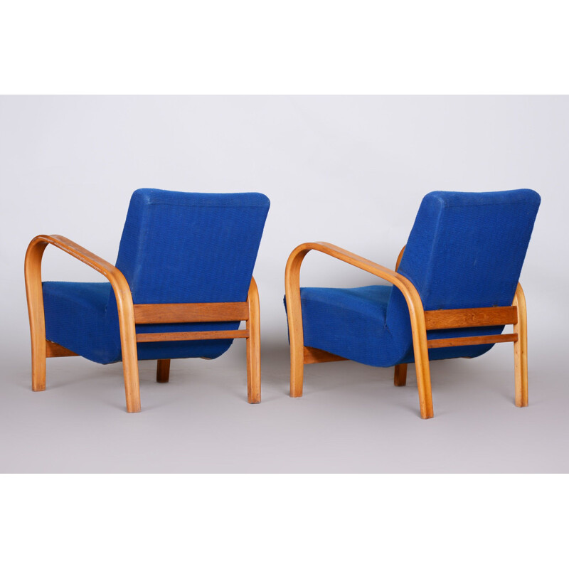 Set of 2 vintage "Art Deco" blue armchairs, Czechia 1930s