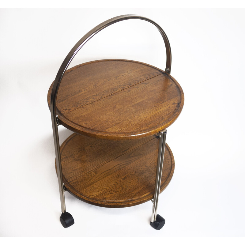 Vintage folding serving cart in oak and chrome, Germany 1960