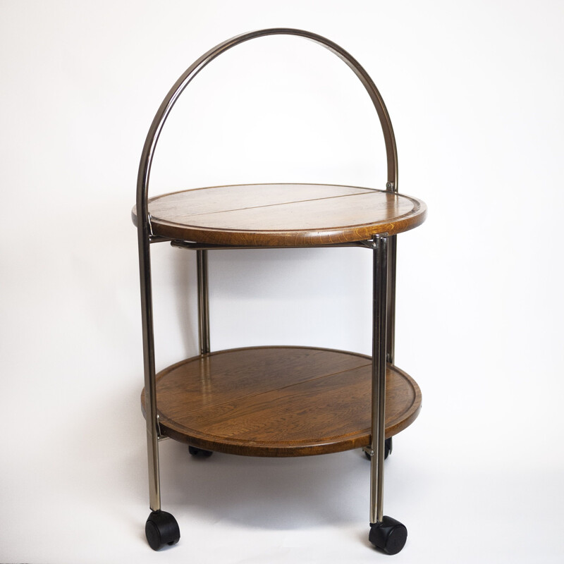 Vintage folding serving cart in oak and chrome, Germany 1960