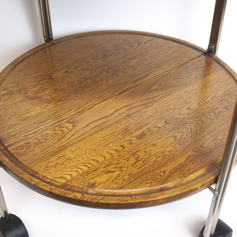 Vintage folding serving cart in oak and chrome, Germany 1960