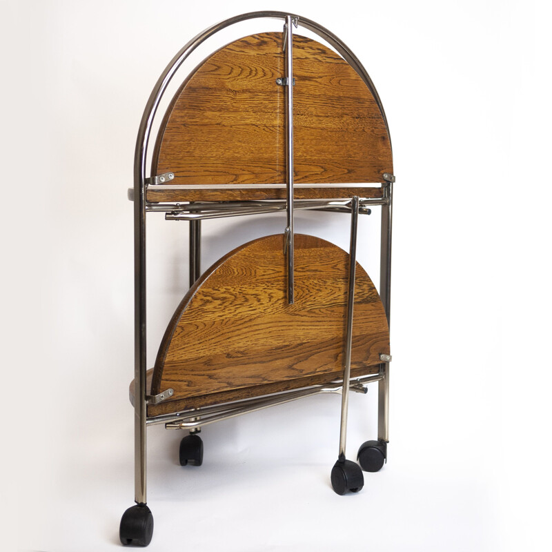 Vintage folding serving cart in oak and chrome, Germany 1960