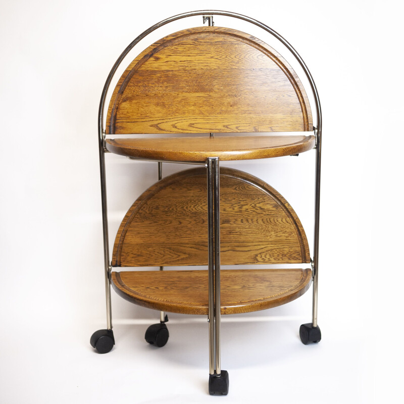 Vintage folding serving cart in oak and chrome, Germany 1960