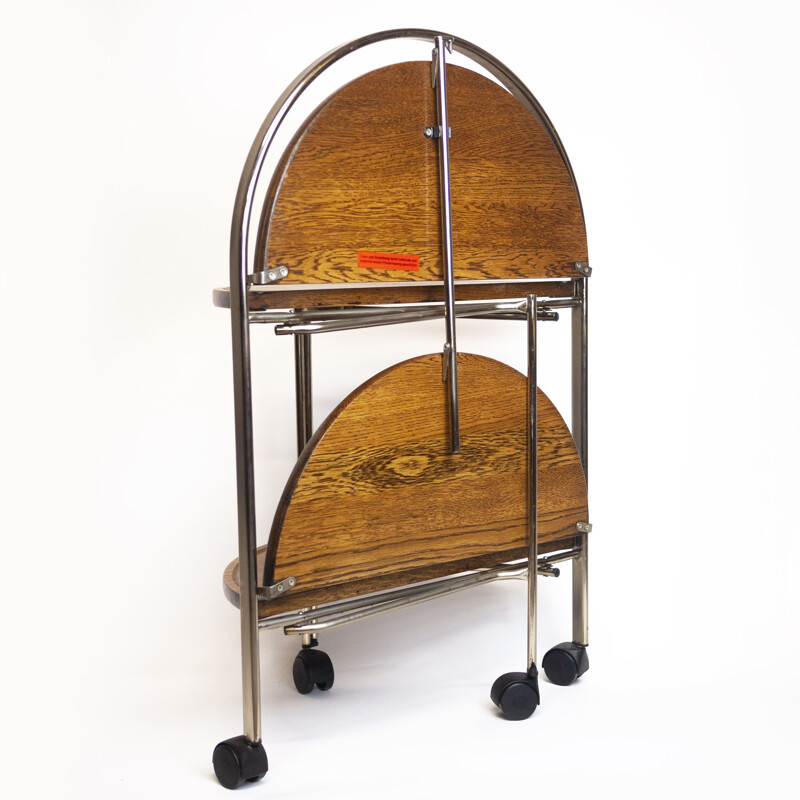 Vintage folding serving cart in oak and chrome, Germany 1960