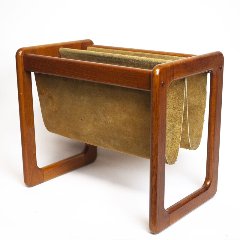 Vintage suede and teak danish magazine rack, Denmark 1960s