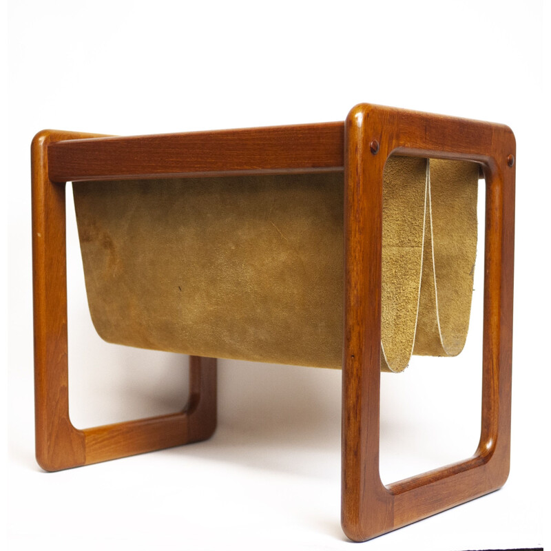 Vintage suede and teak danish magazine rack, Denmark 1960s