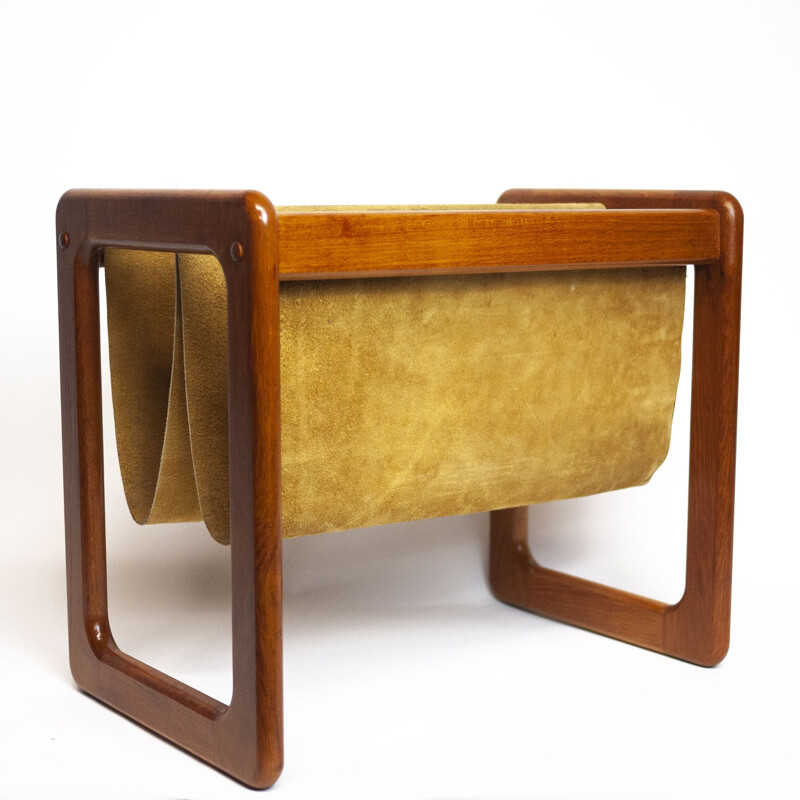 Vintage suede and teak danish magazine rack, Denmark 1960s