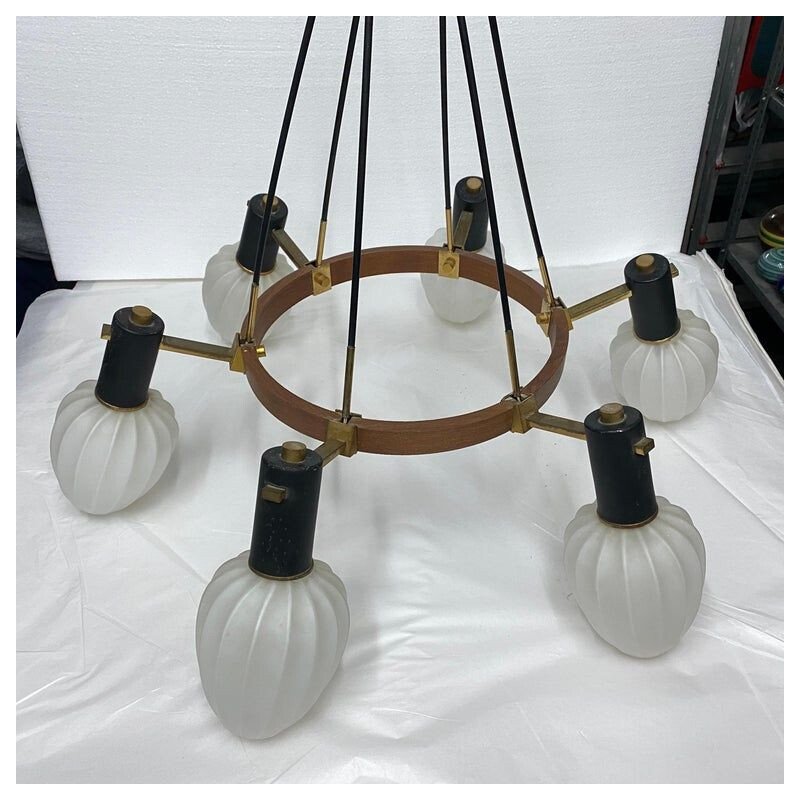 Mid-century modern brass teak and glass italian chandelier, 1960s