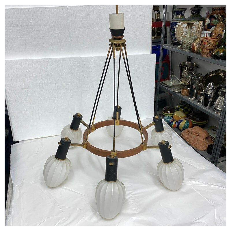 Candelabro moderno italiano de latão, teca e vidro, 1960