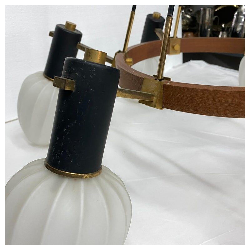 Mid-century modern brass teak and glass italian chandelier, 1960s