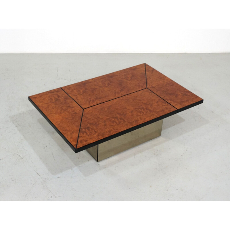 Table basse vintage en ronce de bois avec bar caché par Paul Michel, 1970
