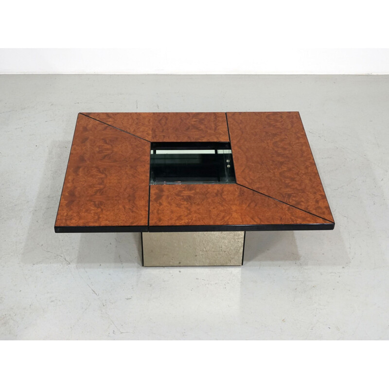 Table basse vintage en ronce de bois avec bar caché par Paul Michel, 1970