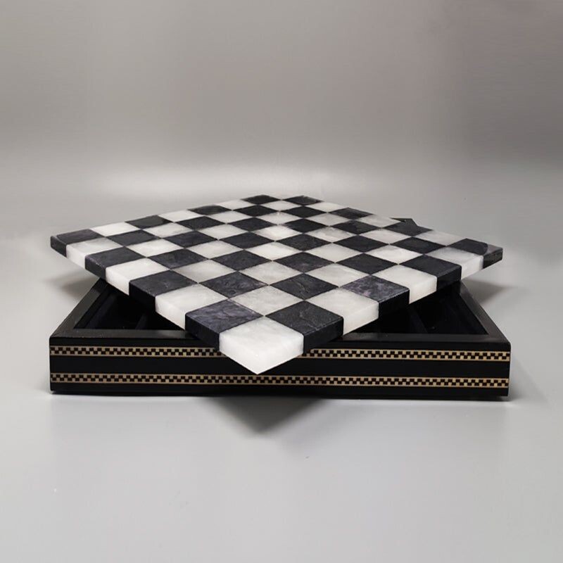 Mid-century black and white chess set in Volterra Alabaster handmade with Box, Italy 1960s