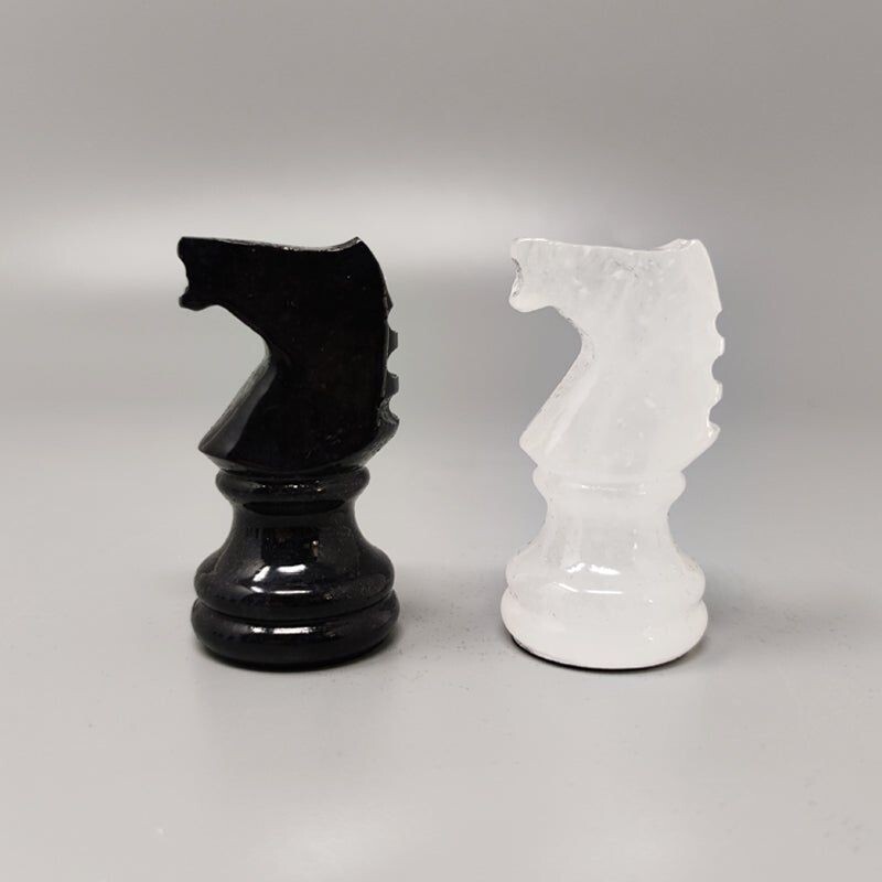 Mid-century black and white chess set in Volterra Alabaster handmade with Box, Italy 1960s