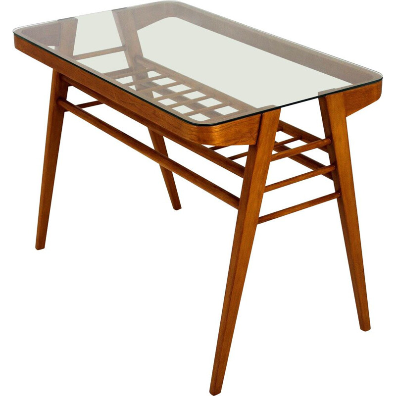 Table basse vintage en bois avec plateau en verre par František Jirák, Tchécoslovaquie 1960