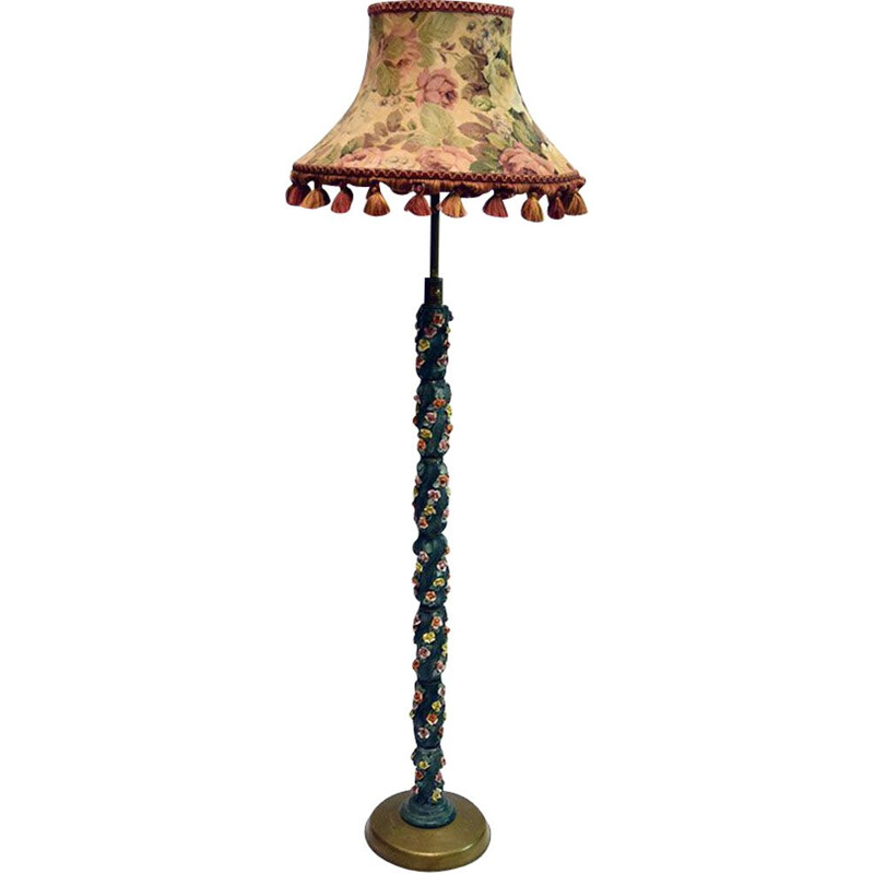 Vintage ceramic floor lamp with small roses, Italy 1950