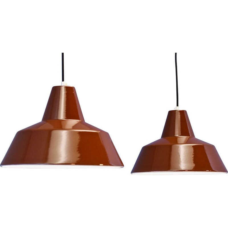 Pair of vintage Danish enamel pendant lamps in brown by Louis Poulsen, 1970s