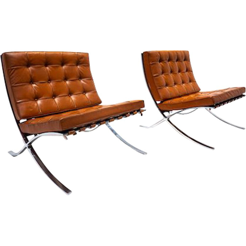 Pair of vintage cognac leather Barcelona armchairs by Mies Van Der Rohe for Knoll, 1960s