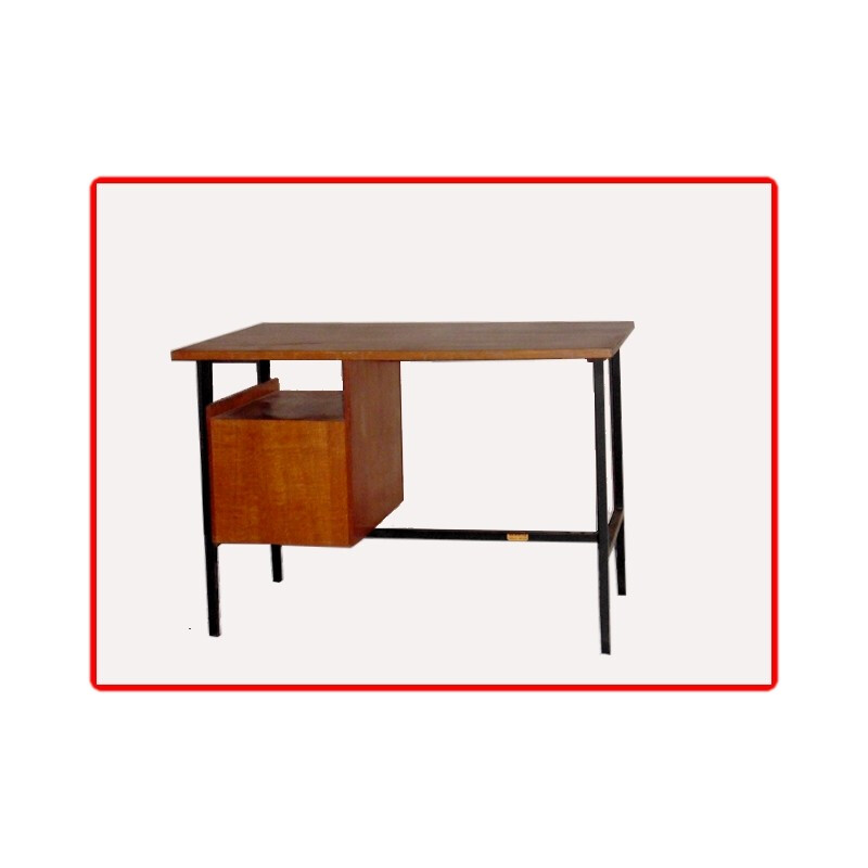 Petit bureau vintage en bois et métal  - 1950
