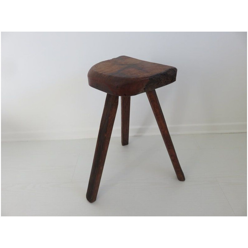 Vintage Brutalist olive and oakwood tripod stool, 1960
