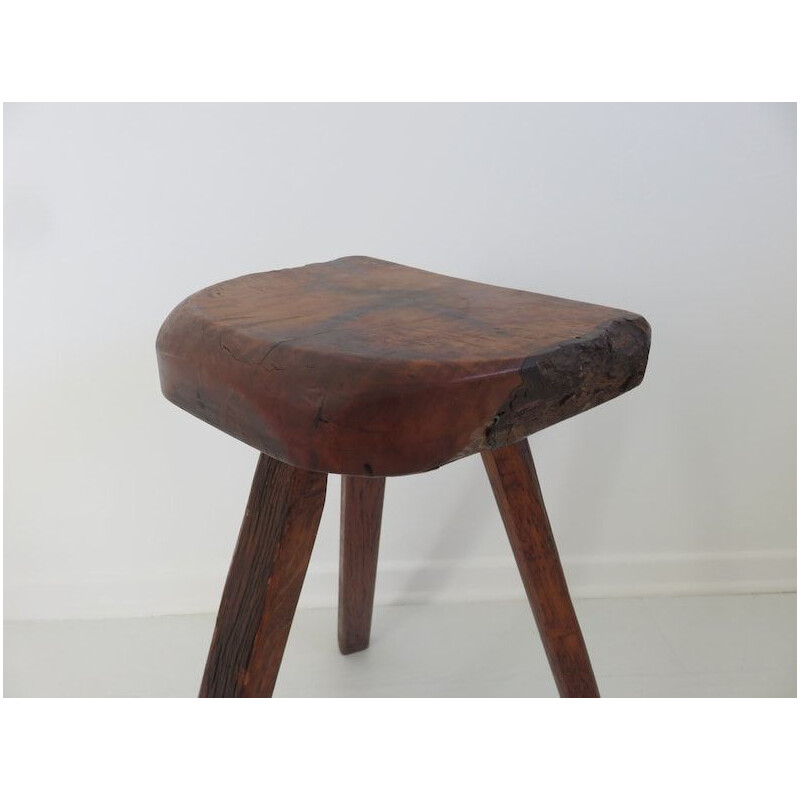 Vintage Brutalist olive and oakwood tripod stool, 1960