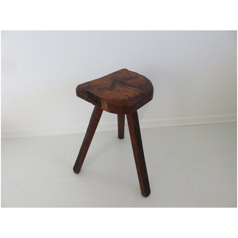 Tabouret tripode vintage brutaliste en olivier et en chêne, 1960