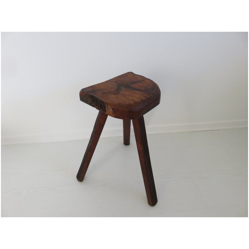 Vintage Brutalist olive and oakwood tripod stool, 1960
