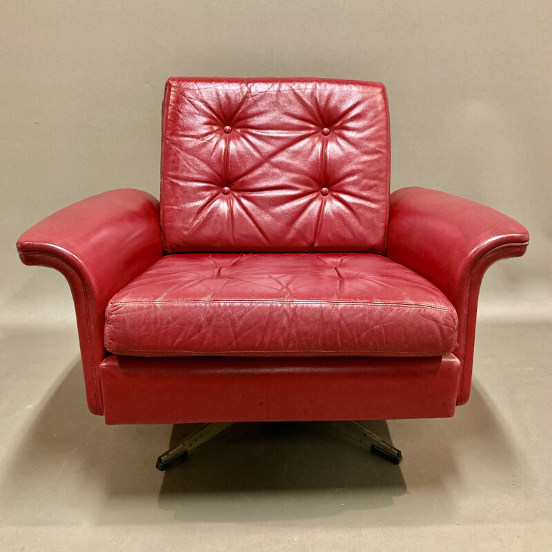 Vintage red leather armchair, 1950