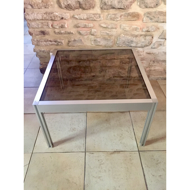 Square vintage coffee table in brushed aluminum and glass, 1970