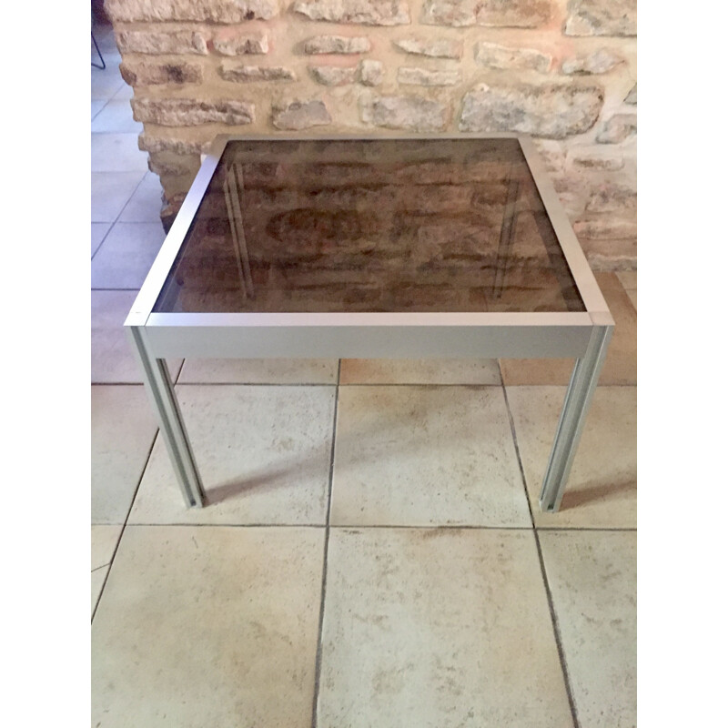 Table basse vintage carrée en alu brossé et verre, 1970