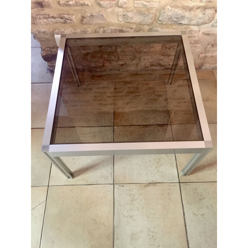 Square vintage coffee table in brushed aluminum and glass, 1970