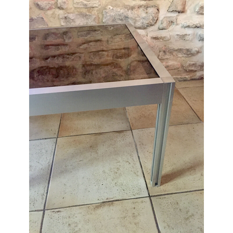 Square vintage coffee table in brushed aluminum and glass, 1970